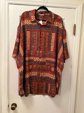 Boho Patchwork Button-Up Shirt in Rust and Burgundy 4XL